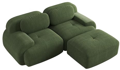 Modern 2-sitsig soffa av manchestertyg med 1 ottoman, boneless soffa, hörnsoffa, stoppad soffa med böjda armstöd och halkfri undersida, gör-det-själv fri skarvning och kombination (grön, 2-sits + 1)
