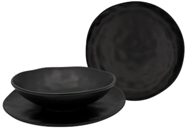 Omniacasa Organic Nero – Servizio Piatti 18 Pezzi in Stoneware Opaco | 6 Piani 25 cm, 6 Fondi 20 cm, 6 Frutta 20 cm | Design organico moderno | Lavastoviglie e microonde