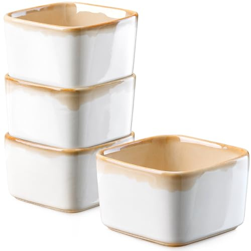 NUTRIUPS 8 oz Ramekins Oven Safe - Square Custard Cups, Ceramic Ramekins for Pudding, Creme Brulee,Souffle, Serving Dip, Ice Cream, 4-Piece Set (Warm Copper with Caramel Rim)