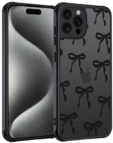TUUTPU Handyhülle für iPhone 15 Pro Hülle, Aesthetic Motiv Schleifen Muster Design Matt Transluzente Schlanke Hart Case Kratzfeste PC Rückseite + TPU Bumper Stoßfest Schutzhülle, Schwarz