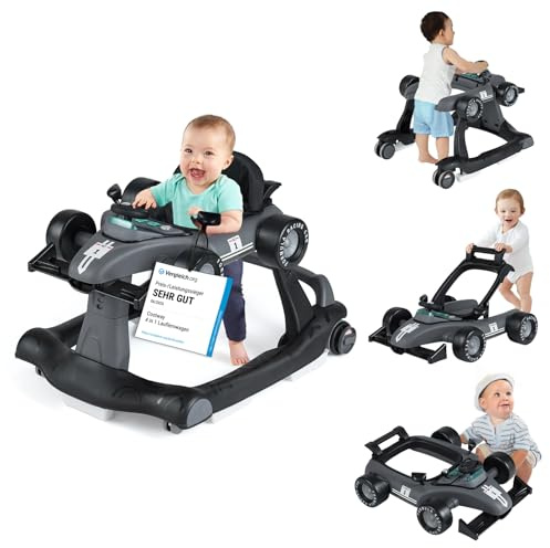 COSTWAY 4 i 1 gåstol, hopfällbar gåvagn med justerbar höjd och hastighet, baby walker, bilformad med musiklåda, ljus och hjul, promenadfri baby från 6 månader, 12 kg lastbar, mörkgrå