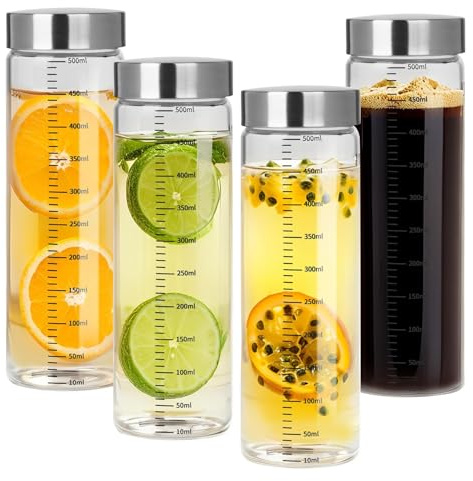 Suetou Set di 4 bottiglie di vetro da 500 ml con coperchio in acciaio inox, per frullati con scala di misurazione, per succhi, frullati, latte, bottiglie di succo di vetro, bottiglia di vetro