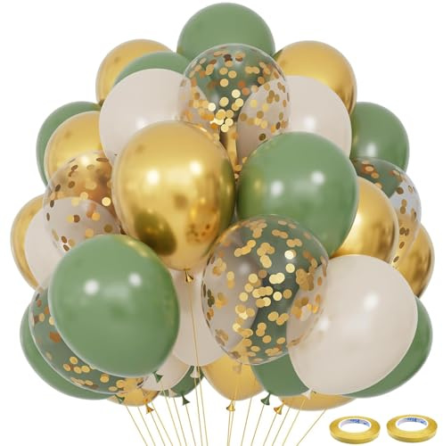 100Pcs Sage Green Balloon Set,Olive Green Gold White Balloons Bouquet with Confetti Ballon for Sage Grün Gold Ballons Arch Kit, Jungle Safari Party, Baby Shower,Wedding, Birthday Party Decorations