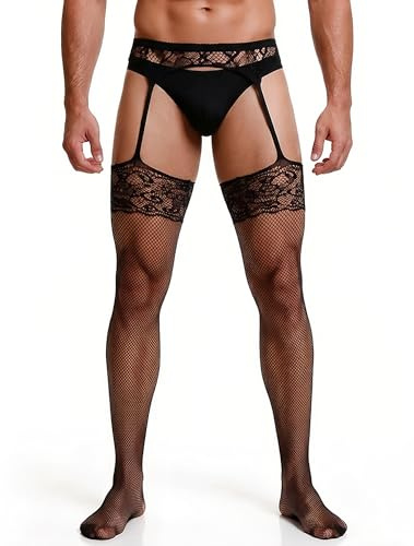 sunshinelady Mens Lace Suspender Tights with Wide Elastic Waistband XS-5XL | Fishnet Pantyhose for Sissy, Femboy & Crossdressers, Plus Size