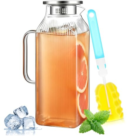 Glaskaraff 2 liter, vattenkaraff med lock, karaff glas för kylskåpsdörr, vattenkanna kvadratisk för mjölk gör-det-själv drycker kallt varmt vatten iste vin juice te (vertikala ränder)