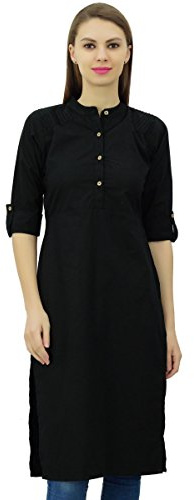 Phagun Cotton Plain Kurti Tunic Mandarin Collar Ethnic Casual Kurta Blouse Black