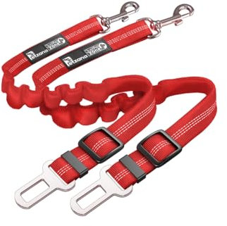 2 Pack Premium Car Seat Belt for Dogs Cats Pets, Adjustable Safety Heavy Duty Elastic Lead Harness for Cars with Elastic Nylon Bungee Buffer (Red)