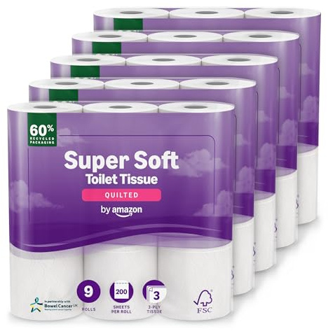 by Amazon Super Soft Toilet Tissue, 3-ply, 45 Rolls (5 Packs of 9), 200 Sheets per Roll, FSC Certified
