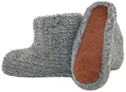 Moro-Design Hausschuhe Hüttenschuhe Lammfell Schafwolle Schaffell Wildleder Grau Gr.36-47 (45)