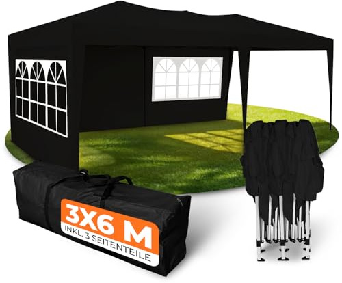Kronenburg Tonnelle Pliante Étanche 3x6 m avec 3 Parois Latérales, Barnum de Jardin, Protection UV 50+, Noir