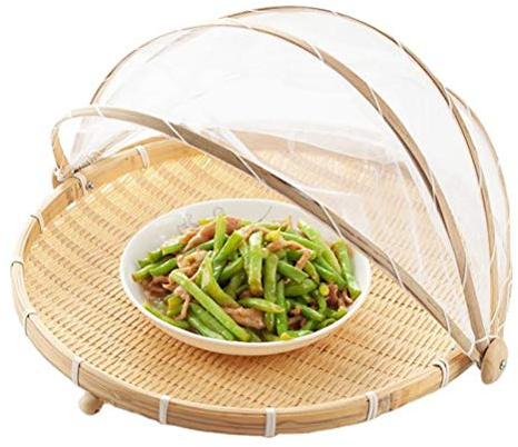 Suszian Panier de Tente en Bambou, Tente de Service Alimentaire en Bambou, Plateau Artisanal Naturel, Panier de Rangement Alimentaire en Maille, Table de Repas, Couverture de Service, 30 * 20 * 4cm