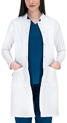 B-well Mila Camice da Lavoro Donna Bianco da Laboratorio e Medico con 3 Tasche e Chiusura Nascosta con Bottoni Automatici 50