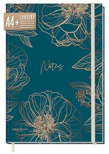 paper&you® Notizbuch liniert A4+ mit Gummiband Goldblüte 156 Seiten, 78 Blatt - liniertes Notebook, Journal, Skizzenbuch, Tagebuch - nachhaltig & klimafreundlich