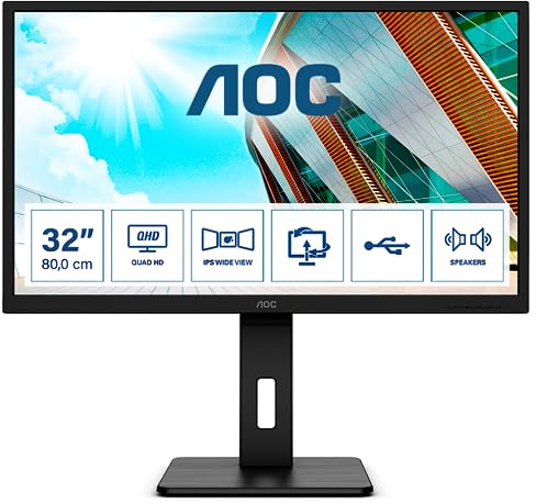 AOC Q32P2CA - 32 Zoll QHD USB-C Docking Monitor, höhenverstellbar (2560x1440, 75 Hz, HDMI, DisplayPort, USB-C, USB Hub) schwarz