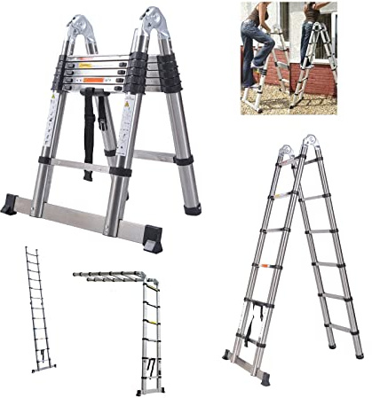 3.8m (1.9m+1.9m) Telescopic Ladder Heavy Duty Stainless Steel Steps Ladder Extension Folding Ladder Roof Climb Ladder, Portable Multi-purpose Ladder