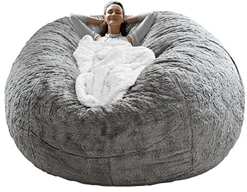 Cookit Sitzsack-Stuhlbezug (es war nur EIN Bezug, kein voller Sitzsack) Stuhlkissen groß rund weich flauschig aus PV-Samt waschbar faul Sofabettbezug Wohnzimmermöbel, 5ft/150cm Hellgrau