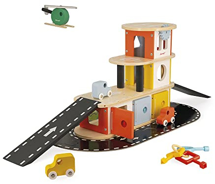 Janod - Garage en Bois Massif Bolid - 3 voitures et 1 Hélicoptère inclus - Fonction Boîte à Clés - Imagination et Motricité Fine - Certifié FSC - Peinture à l'Eau - Dès 2 Ans, J04636