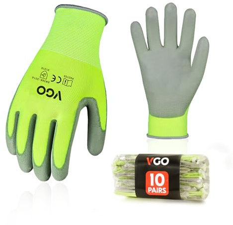 Vgo... 10 paia Guanti da Lavoro Rivestiti in Nitrile, Guanti Spalmato in Poliuretano per Giardianggio Edilizia Montaggio Magazzino Bricolage(Taglia 8/M, 10 paia, Giallo)