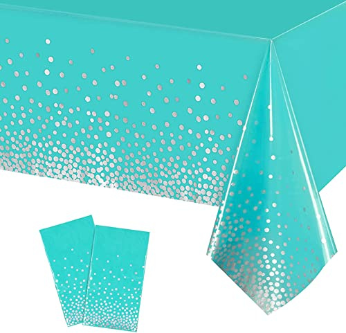 YAAVAAW 2 st 137 x 274 cm blå och silver engångsdukar fest, stor prick konfetti rektangulär frys fest bordsduk plast grön bordsduk för picknick, födelsedag, bröllop, jul, frys festdekorationer