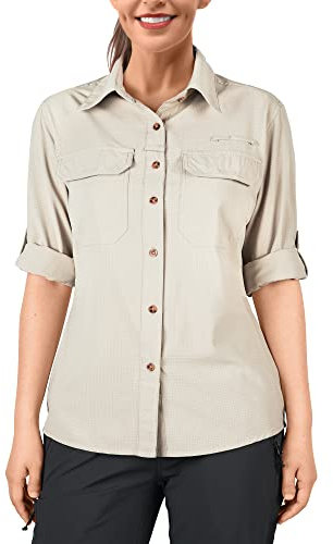 Camisa de mujer de 33,000 pies, protección UV UPF50+, secado rápido, manga larga, para pesca, safari, viajes, golf, Caqui claro., M