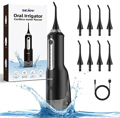 Sejoy Munddusche Kabellos Elektrische, Water Flosser Zahndusche Wasserdicht 270ML Tragbar Oral Irrigator USB Aufladen Zahnreiniger Reisemunddusche für Zuhause Büro, mit 5 Modi und 8 Düsen, Schwarz