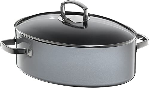 WMF Fusiontec Mineral Bräter 36 cm, ovale Form, Perfektes Braten, Homogene Kochergebnisse, Kratzfest, Einfache Reinigung, Backofengeeignet, 30 Jahre Garantie, Glasdeckel, Platinum, 0515885290