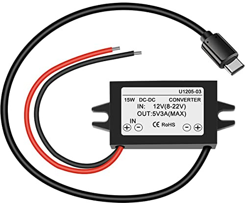 Greluma 1 Stück Wasserdichter 12V bis 5V 3A Konverter, Typ C USB C DC-DC Step-Down-Modul-Netzteil kompatibel mit Raspberry Pi 4, Handy, Auto