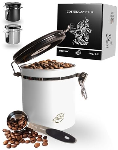 Pro@Home43® - Kaffeedose luftdicht 500g - Weiß - Kaffeebohnen Vorratsbehälter 1,5L aus Edelstahl mit Kalenderfunktion, inkl. Dosierlöffel und 4x C02 Ersatzventilen, stilvolle Verpackung