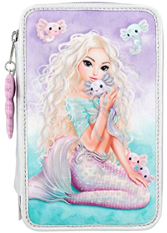 Depesche 12297 TOPModel Mermaid - Gefüllte 3-Fach Federtasche in Türkis und Lila, mit Meerjungfrauenmotiv, Federmäppchen mit Buntstiften, Schere, Lineal uvm.