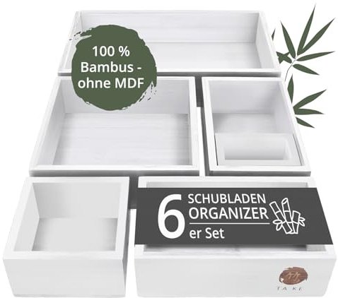 TAKE Schubladen Organizer 6-teilig I Boxen aus 100% Natur Bambus (Weiß) | Boxen in verschiedenen Größen für Küche, Bad & Büro I Drawer Organizer Schublade I Schminktisch Organizer Bad