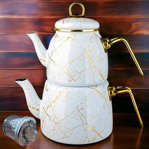 Vintage Turkish Teapot Tea Pots Kettle Set for Stovetop Stove Top Decorative Infuser Party Cups Glasses Floral Unique Boiler Samovar Strainer Loose Leaf Kitchen Style Enamel Decor (White-Gold)
