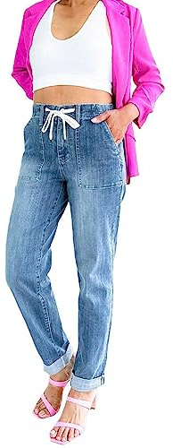 Pantalones vaqueros de pierna recta para mujer, cintura elástica, pantalones largos de mezclilla con cordón, informales, sueltos, 01# azul., M
