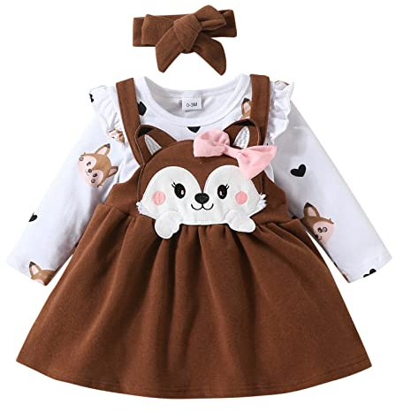 ensembles bébé fille naissance écureuil imprimé body bebe 0-18 mois manche longue barboteuse dessin anime automne jupe robe à bretelles bandeau habits tenue vetement bebe fille (Brown, 3-6 Months)