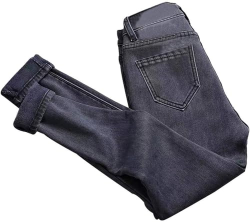 Vagbalena Damen Winter Jeans mit Plüschfutter Winter Straight Jeans hohe Taille gepolsterte elastische Röhrenhose hohe Taille warme Jeans Übergröße Röhrenjeans (Grau,30)