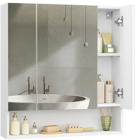 VASAGLE Kailyn Kollektion - Badezimmerschrank mit 3 Türen, Spiegelschrank, Badschrank, offenes Fach, verstellbare Ablagen, 16,5 x 70 x 75 cm, wolkenweiß BBK129W01