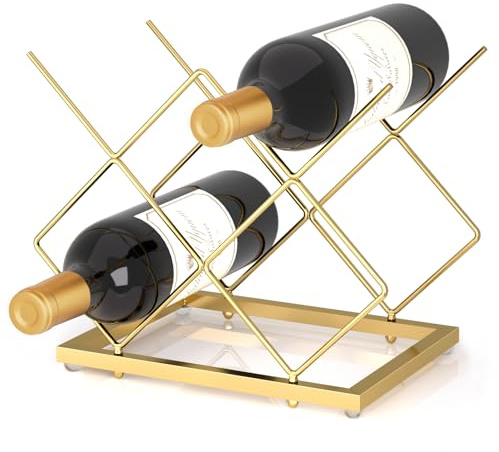 Urban Deco Small Wine Rack 5 Bottle Holder - Modern Metal Wire Wine Storage for Countertop Table Top Coffee Bar Kitchen(Gold)