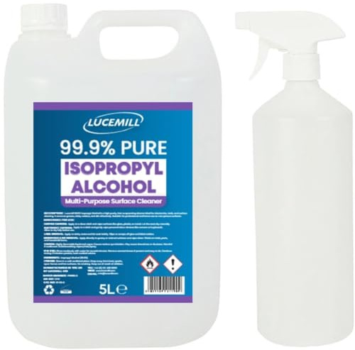 Lucemill 99.9% Isopropyl Alcohol | 5 Litre | Super Strength IPA First Aid Antiseptic | 99.9% Isopropyl Alcohol | Clear Liquid | Comes with 1L Empty Spray Bottle