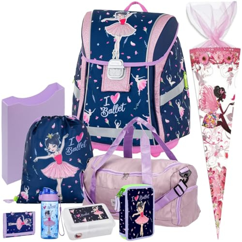 Generisch Premium Light Ballerina - Tänzerin - Schulranzen-Set 9tlg. mit Schultüte, Sporttasche, Brustbeutel, Brotdose und Trinkflasche - Heftbox A4 Gratis