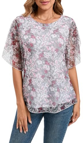 Timuspo Camicetta da donna in chiffon, stile tunica, casual, con collo tondo, maniche a tre quarti, grande taglia, blusa estiva a vestibilità ampia, grigio., XL