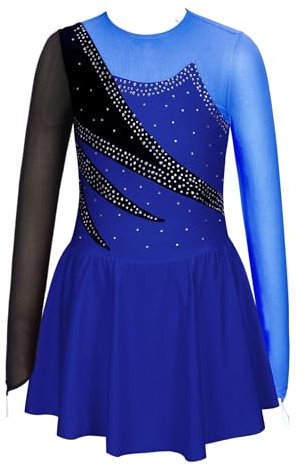 Rswnyirn Mädchen Ballettkleid Langarm Kürkleid Eiskunstlauf Kleid Patchwork Tanzbody mit Rock Tanzkleidung Ballett Trikot Outfit Königsblau 158-164