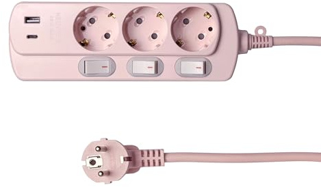 NEUVIELE Steckdosenleisteit mit USB C, USB c Adapter 3-Fach Mehrfachsteckdose mit Schaltersteuerung Mehrfach Steckdosen rosa Steckdose