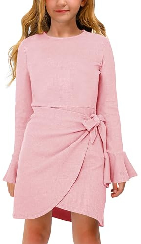 Haloumoning Abito da ragazza, a maniche lunghe, elegante, con volant, girocollo, per bambini, tinta unita, Colore: rosa., 13-14 Anni