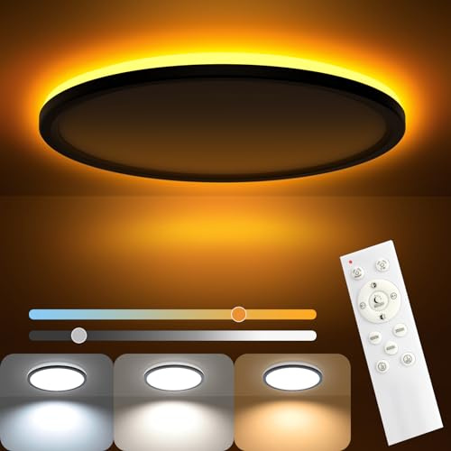 AmazeFan LED Deckenleuchte Dimmbar - 34W 3400LM Deckenlampe mit Fernbedienung - 6W Nachtlicht Warm-LED Deckenleuchte Flach für Schlafzimmer Kinderzimmer Wohnzimmer-Rund (34W-39CM-Schwarz)