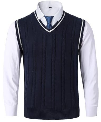 AIEOE - Hombre Chaleco de Punto Hombre V-Neck Suéter sin Mangas Chalecos Color Sólido Esencial Jersey Pull-Over sin Mangas para Primavera Invierno Otoño - M - Azul Oscuro