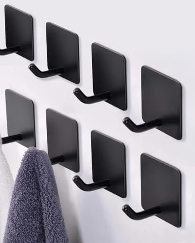 YLITREUS Klebehaken Schwarz Matt - 8 Stück Handtuchhaken Selbstklebende Badezimmer Haken max. 6kg ohne Bohren Wasserdicht hochwertigem Edelstahl Wandhaken für Küche, Bad, Büro, Toilette