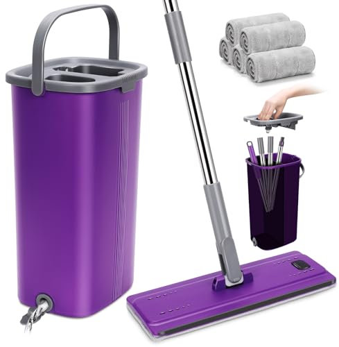 Myiosus Serpillière Seau Essoreur, Balai Serpillère Plat Rotatif 360° et Seau Auto-Lavage avec 5 Tampons en Microfibre, Serpillere et Seau Essoreur Double Bac pour Nettoyer Sol (Violet)