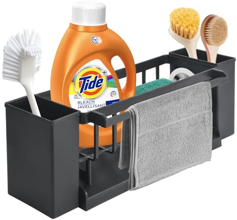 TOKPLNU Kitchen Sink Organiser with Dishcloth Hanger& Brush Holder,Soap and Sponge Holder for Kitchen Caddy Sink Tidy Storage Rack Washing Up Utensil Caddy for Bathroom,Black