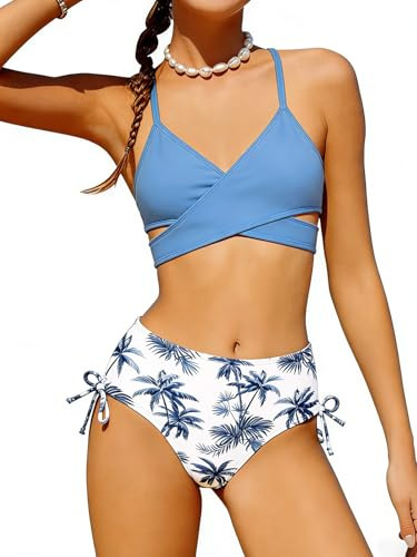 ESHOO Girls Bikini Swimsuit Criss Cross Swimwear with Chest Pad Print Bikini Bottoms Kids Bathing Suit Girls Swimming Costume for 9-16 Years
