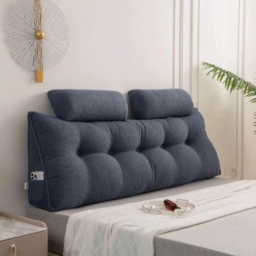 Ergonomisches Keilkissen mit waschbarem Bezug und Nackenrolle, großes Lesekissen für Bett und Sofa, Rückenkissen für Bettbank und Wand, Blau, 80 cm