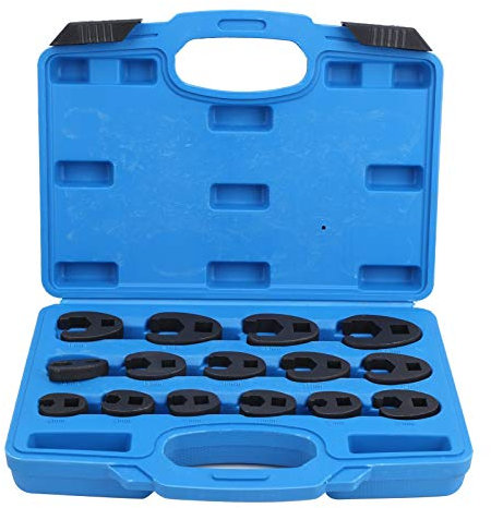 Juego de 15 llaves para tuercas, con accionamiento de 3/8 pulg. y 1/2 pulg., de extremo abierto, con discos de acero al cromo-molibdeno, adecuadas para espacios limitados, caja de almacenamiento de